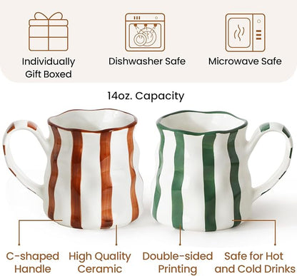 Ceramic Coffee Mugs Set of 2,Ceramic Mugs(Striped),Cute Mugs For Women,14 oz Large Coffee Mugs, Dishwasher Microwave Safe