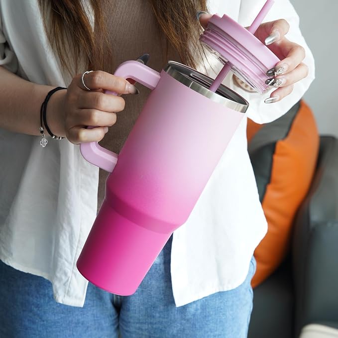Konokyo 30 oz Insulated Tumbler Water Bottle with Handle, Straw Lid | BPA-free and dishwasher safe; made for gym, travel, coffee and gifting, 2 straws, cup holder friendly,Day Night