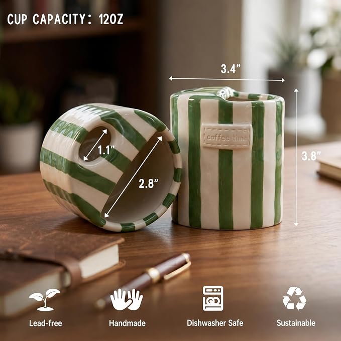 Ceramic Coffee Mug with Lid, Ceramic Travel Mug with Straw Hole, 12oz Retro Striped To Go Coffee Mug for Hot & Cold Drinks, Microwave & Dishwasher Safe，Green