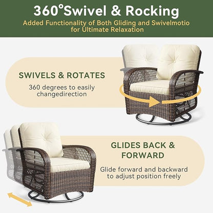 Aoxun 3 Pieces Patio Furniture Set, Patio Swivel Rocker Chairs Set of 2, Wicker Outdoor Bistro Set with Rocking Chair, Thickened Cushions and Table for Porch (Beige)