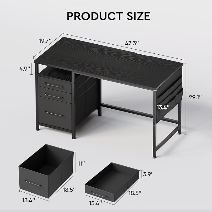 Maihail Small Desk with Drawers, Office Desk with Storage Shelves, Black | 47 Inch Desktop, Metal Frame, 3 Fabric Drawers, Storage Shelves, Computer & Writing Desk, Office Gaming Workstation