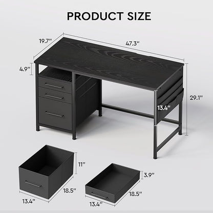 Maihail Small Desk with Drawers, Office Desk with Storage Shelves, Black | 47 Inch Desktop, Metal Frame, 3 Fabric Drawers, Storage Shelves, Computer & Writing Desk, Office Gaming Workstation