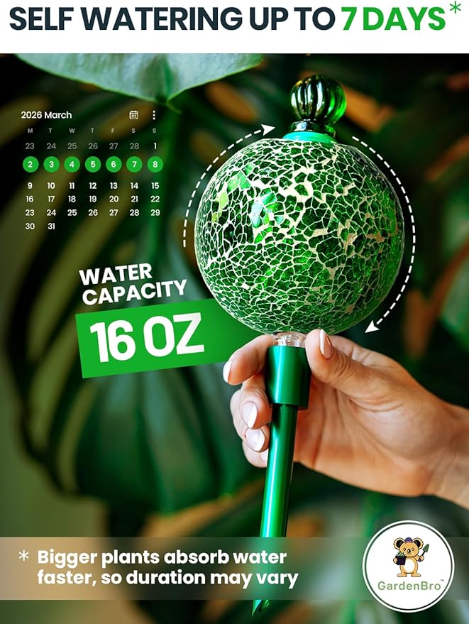 16 Oz Plant Watering Globes for Indoor Plants with Metal Self Watering Planter Insert - Premium XL Glass Hand-Blown Globe - Automatic Plant Waterer Indoor, Gift Idea for Gardeners [1 Globe, Mosaic]