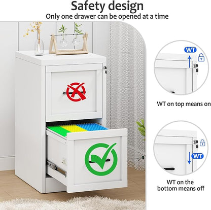 Small Metal 2-Drawer File Cabinet, Under-Desk Filing Cabinet, White | Locking, Adjustable Hanging Rail, Fit A4, FC, Letter, Hanging File Folders for Home Office Storage Organization, 1PS