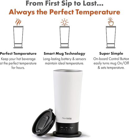 Nextmug Go - Temperature-Controlled, Self-Heating Travel Mug | (White - 16 oz.) – No App, Long-Lasting Battery for Work & Study, Great Gift for Coffee Lovers