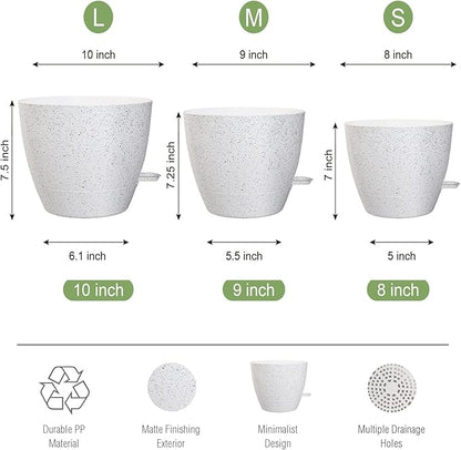 10/9/8 inch Self Watering Pots, Set of 3 Plastic Planters with Mesh Drainage Holes and Deep Reservoir for Indoor Outdoor Garden Plants and Flowers, White Speckles