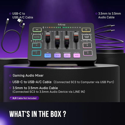 FIFINE Gaming Audio Mixer, Streaming RGB PC Mixer with XLR Microphone Interface, Individual Control, Volume Fader, Mute Button, 48V Phantom Power, for Podcast/Recording/Vocal/Game Voice-AmpliGame SC3 | USB PnP For PC,Mute Button,XLR Preamp,RGB,Voice ch...