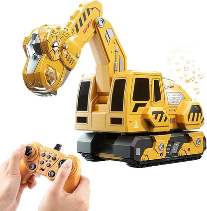 Remote Control Excavator Toys for Boys 4-7, Construction Trucks 2.4GHz RC Excavator with Light and Sound, Dinosaur Toys for Kids 3-5, Christmas Birthday Gifts for Kids (Yellow)