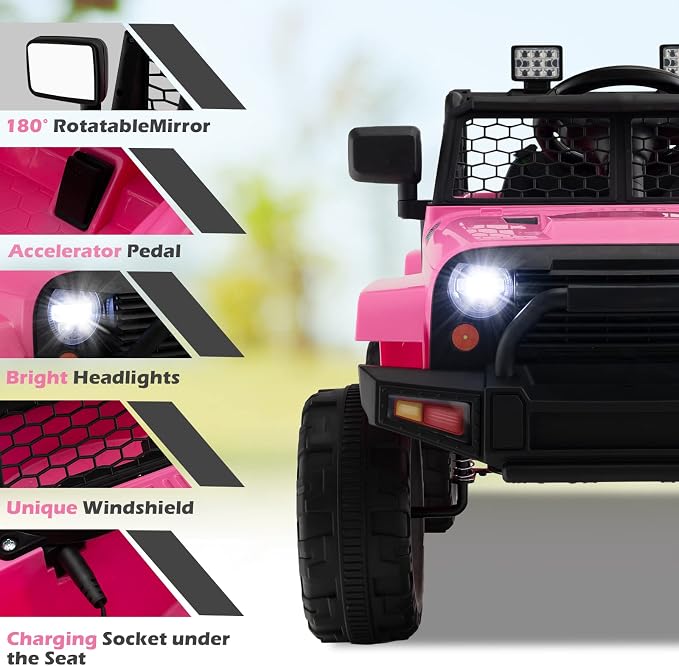 Costzon Ride on Car, 12V Battery Powered Truck Vehicle with Remote Control, Spring Suspension, Headlights, Music, Horn, MP3, USB & Aux Port, Gift for Boys Girls, Electric Car for Kids (Pink)