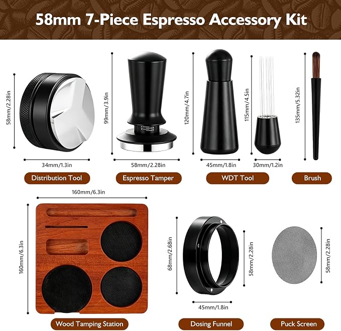 7Pcs Espresso Accessories Kit 58mm Coffee Tamper Set Tool for Barista | Espresso Machine Accessories Tools Tamper Kit with Tamping Station, WDT Tool, Coffee Distributor, Dosing Funnel, Puck Screen