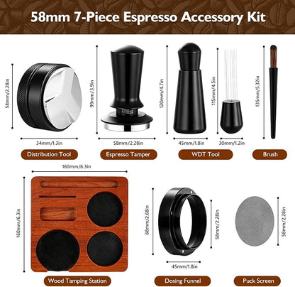 7Pcs Espresso Accessories Kit 58mm Coffee Tamper Set Tool for Barista | Espresso Machine Accessories Tools Tamper Kit with Tamping Station, WDT Tool, Coffee Distributor, Dosing Funnel, Puck Screen