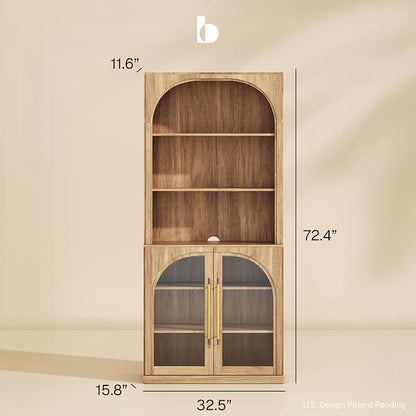 BELLEZE Set of 2 Pantry Storage Cabinet with Hutch, Modular Cabinet with Adjustable Shelves for Organizing, Visible Storage with Glass Door, Wood Highboard for Living Room and Home Office, Camel