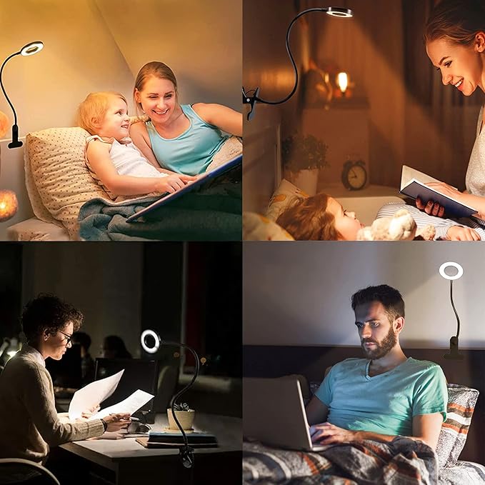 Foneso Desk Lamp Clip on Light, 48 LED USB Lamp with 3 Color Modes 10 Brightness Levels, 360° Flexible Gooseneck Eye Protection Bed Night Light for Reading, Makeup, Fill Light (Black)
