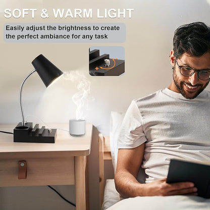 Study Desk Lamp with USB Charging and Type-C Night Light, Gooseneck LED Table Lamp Stepless Dimming Study Table Lamp with Pen Holder for College Dorm Bedroom and Office (Black)