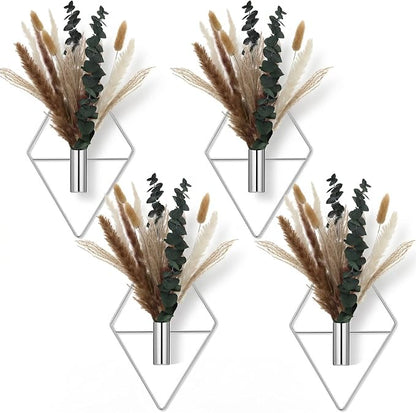 Jexine 8 Pcs Hanging Planters with Artificial Pampas Metal Hanging Vase Indoor Plants Holder Modern Geometric Boho Bathroom Wall Decor for Living Room Home Office(Chrome Silver)