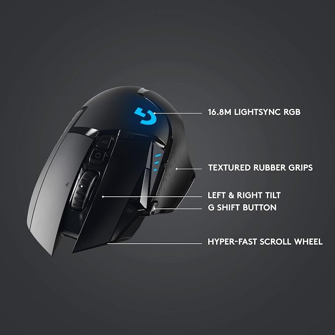 Logitech G502 Lightspeed Wireless Gaming Mouse - Black | RGB, Adjustable Weights, 11 Programmable Buttons, POWERPLAY Compatible, On-Board Memory, for PC/Mac