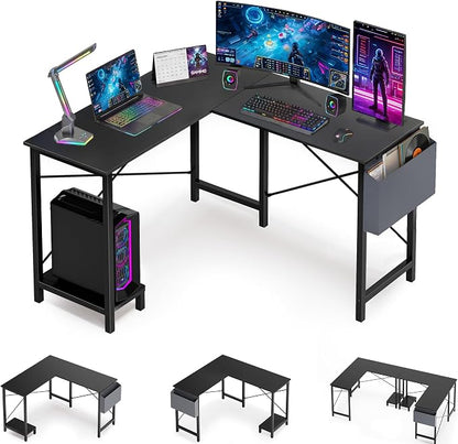 OLIXIS L Shaped Desk, Gaming Desk, Corner Table 50 Inch | Side Bag, Reversible Shelf, Home Work Study Writing, PC Workstation, Easy Assembly, Grey