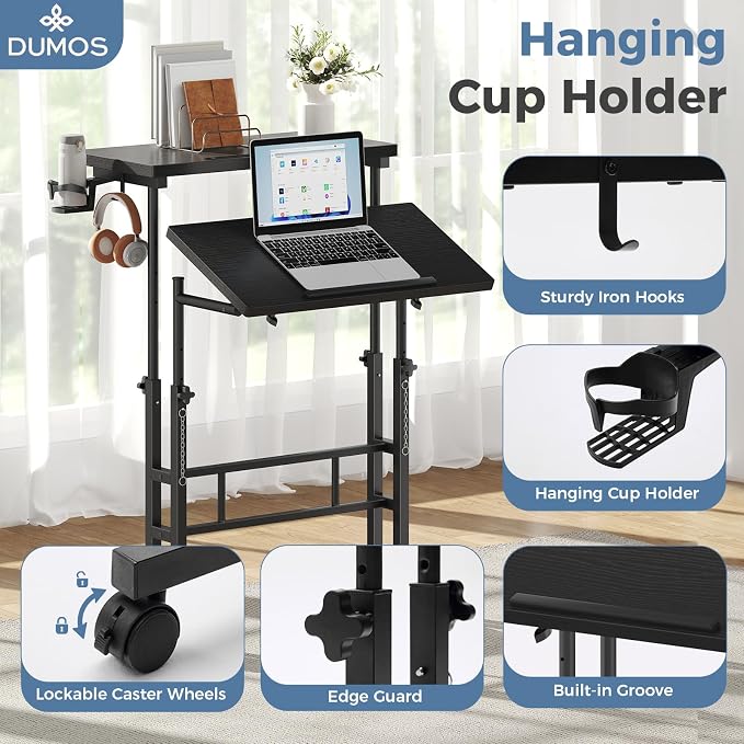 DUMOS Rolling Standing Desk, Sit Stand Desk, Computer Cart | 23.6 Inch Width, Height Adjustable, Split Top, Mobile Laptop Workstation, Office Table, Portable Design, Black
