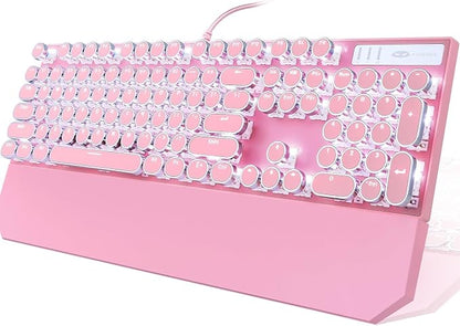 Camiysn Typewriter Style Mechanical Gaming Keyboard, Pink Retro Punk Gaming Keyboard with White Backlit, 104 Keys Blue Switch Wired Cute Keyboards, Round Keycaps for Windows/Mac/PC