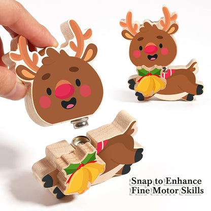 HUZU Wooden Snap Together Button Building Blocks for Kids 3-8, Easter and Animals 3D Puzzle Toys, Montessori Educational STEM Fine Motor Skills Learning Toys (Christmas Friends)