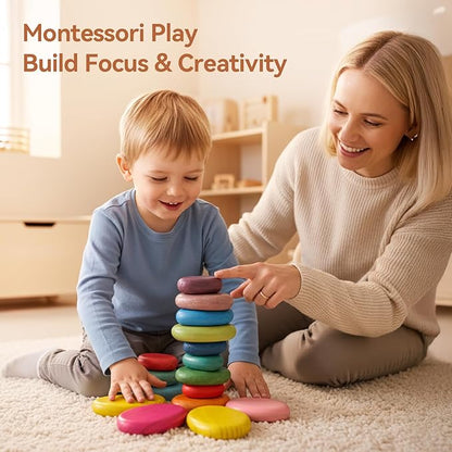 OESSUF Extra-Large Stacking Rocks for Toddlers 1-3, 16 PCS Wooden Montessori Toys, Safe Smooth Jumbo Balancing Stones for Open-Ended Sensory Play, STEM Building Blocks for Boys & Girls