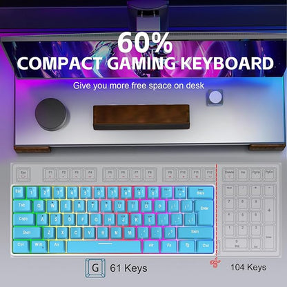 Snpurdiri 60% Wired Gaming Keyboard, 61 Keys RGB (Blue) | Small Ultra-Compact Backlit 60 Percent Gaming Keyboard for PC/Mac Gamer, Typist, Travel, Easy to Carry on Business Trip