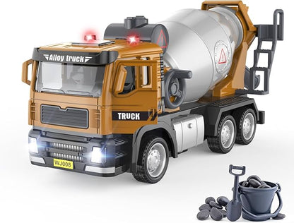 1:50 Die-Cast Concrete Mixer Truck Toy, Pull-Back with Lights Sounds, Rotating Mixing Drum, Opening Doors, with Simulated Gravel, for Kids 3-9
