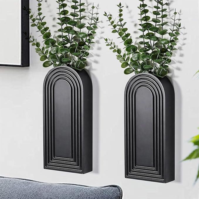 Dnnnii 2 Pack Wooden Wall Vase Set - Black Finish Modern Farmhouse & Boho Wall Decor for Entryway, Hallway, Bathroom, Living Room, Dining Room, Narrow Spaces