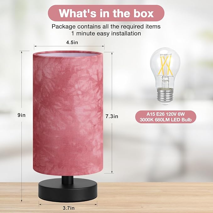 Fenmzee Small Table Lamps(Pink Shade - Black Base, 9" Inline Control) | 3000K LED Blub Included | 680 Lumens | Easy Assembly | Minimalist Design | E26 | for Kitchen | for Kids Room