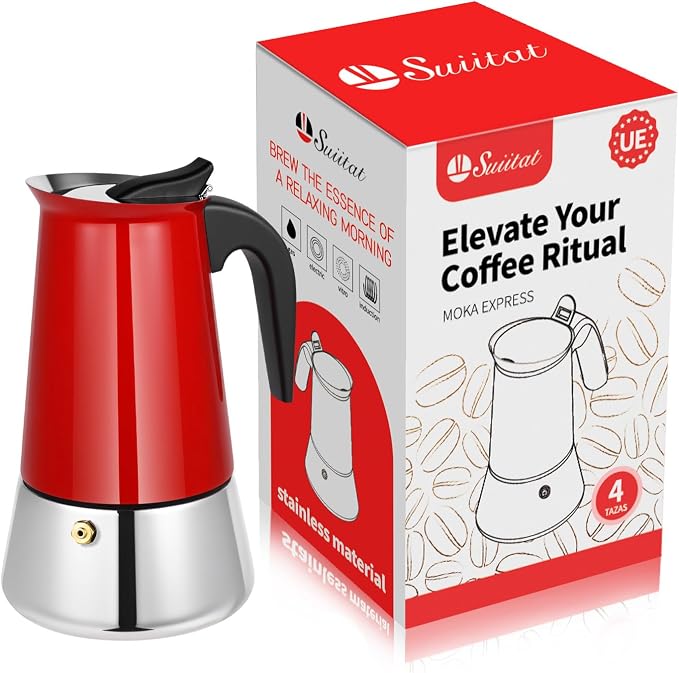 4 Cup Stainless Steel Moka Pot, 200ml Stovetop Espresso Maker, Red | 304 Stainless Steel Mocha Pot, Induction Compatible, Greca de Cafe, Cuban and Italian Coffee Maker