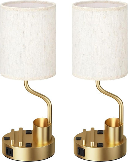 Fenmzee Bedside Lamps for Bedroom Set of 2 - Table Desk Lamp for Nightstand | 15" Table Lamp for Living Room with Pen Holder & Phone Stand, USB A+C Port, AC Outlet, 3 Color Temperature, LED Bulb Included