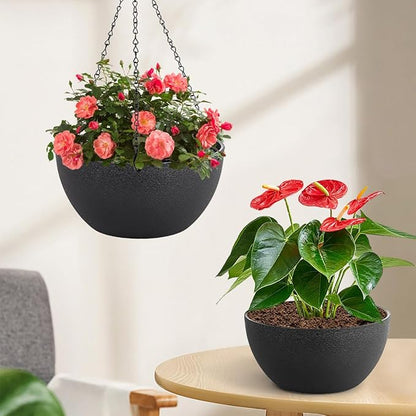 10 inch Hanging Planters for Indoor Plants, 2 Pack Planters for Outdoor Plants with Drainage Holes and Chain, Round Plastic Hanging Baskets, Hanging Flower Pots for Balcony Garden Decor-Black