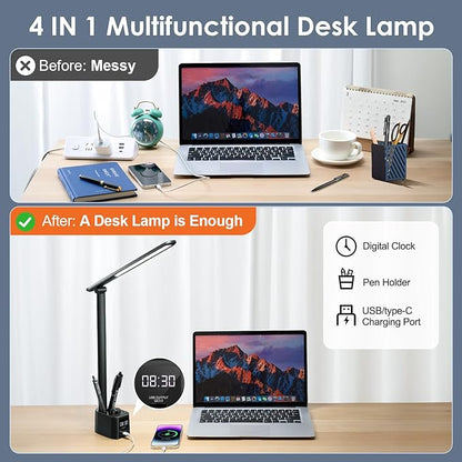 Desk Lamp for College Dorm Room,55 Lighting Modes Dorm Lamp for Dorm Desk Lamp,700 Lumen LED Desk Lamp with USB Charging Port,Desk Light with Clock+Pen Holder,Desk Lamps for Home Office Lamp for Desk
