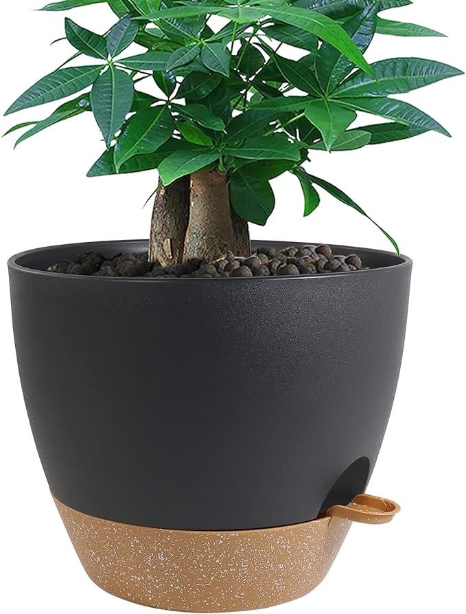 12 inch Large Self Watering Pots, Plastic Planters with 60oZ Removable Deep Reservoir and Multi Mesh Drainage Holes for Indoor Outdoor Garden Plants and Flowers, Black with Brown