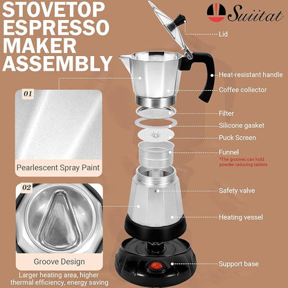 Electric Moka Pot, 3 or 6 Cup Espresso Coffee Maker, Silver | Food-grade aluminum, dose reduction plate, boil-dry protection, auto-stop, detachable base, for Cuban and Italian coffee