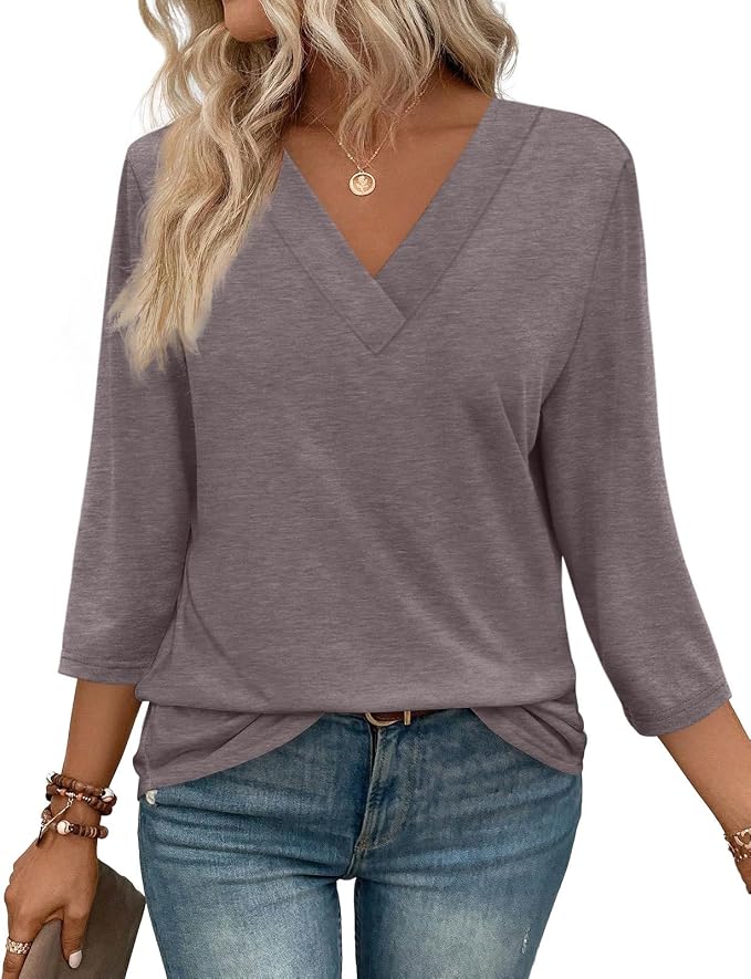 WIHOLL Womens Tops 3/4 Length Sleeve V Neck Casual Tunic Tops Basic Shirts Loose Fit Blouse