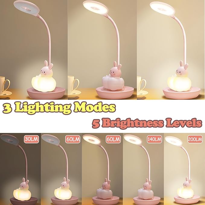 Kids Desk Lamp Pink, Dimming Desk Lamp for Girls with Exclusive Cartoon Look, Cute Night Light for Kids Bedroom, Eye-Caring LED Portable Reading Lamp for Child, Unique Gift (Pink Rabbit)