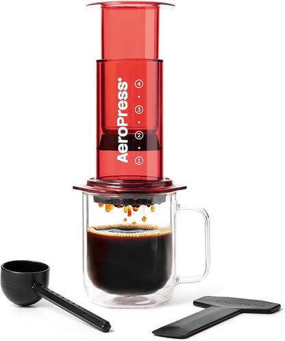 AeroPress Clear Red Coffee Press, French Press, Pour-Over & Espresso Style | All-in-One Manual Coffee Maker, 2-Minute Brew, Less Bitterness, More Flavor, Portable, Travel & Camping