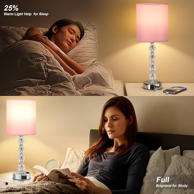 Touch Bedside Crystal Lamps for Bedrooms Nightstand with USB C+A Charging Port and AC Outlet White, 3 Way Dimmable Silver Large End Side Table Lamp for Living/Guest/Dinning Room/Kitchen
