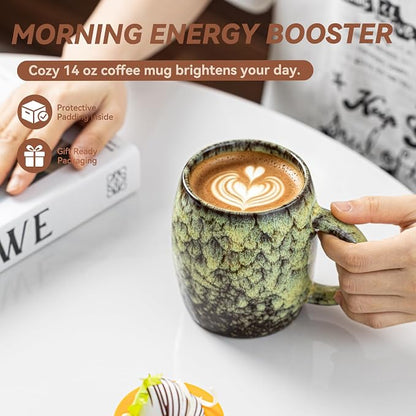 Amber Nebula Ceramic Coffee Mug - 14 oz Unique Reactive Glaze Coffee Cup with Large Handle, Barrel Cute Mug for Women Men Home Office Gift
