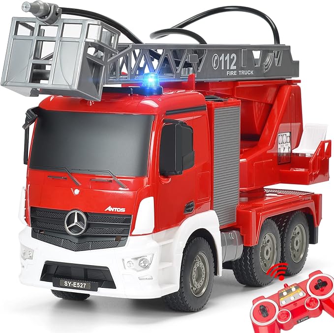 Benz Licensed Remote Control Fire Truck, RC Fire Truck Toy, Rechargeable Construction Truck Toys with Alarm Lights, Hose, Working Water Pump and Rotating Rescue Ladder Fire Truck Toys Gift for Kids