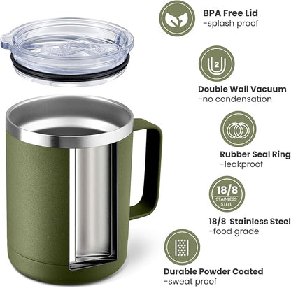MEWAY 12oz Coffee Mug With Handle 4 Pack Bulk,Stainless Steel Insulated Travel Tumblers With Sliding Lid,Double Wall Vacuum Camping Cup for Hot & Cold Drinks Tea (Multicolor,Set of 4)