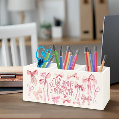 Teacher Appreciation Gifts Wooden Pen Pencil Holder for Office Desk, Back to School Gifts for Teacher, Coquette Pink Preppy Teaching is My Superpower Makeup Brush Toothbrush Holder Organizer