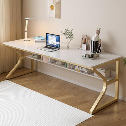 OSCHF 71-Inch Extra Long Desk with Storage Shelf, Gold | Double Long Writing Table, Space-saving, 2-Person Workstation, Modern Study Work Computer Desk, For Home Office