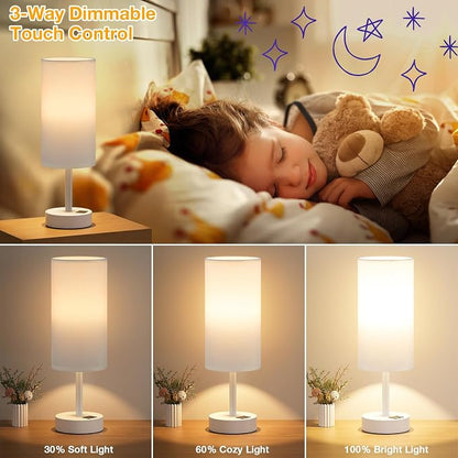 Dicoool Bedside Table Lamp for Bedroom - 3-Way Dimmable Touch Lamp, USB A+C | LED Bulb Included, 14" Small Nightstand Lamp for Desk, Living Room, Guest Room, White Fabric Lampshade, White Metal Base