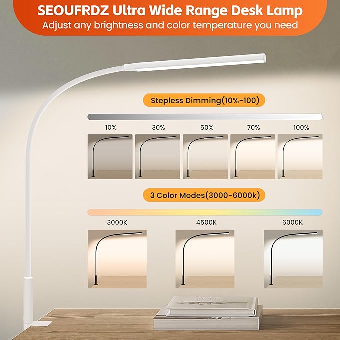 Desk Lamp with Clamp, Stepless Dimming Desk Lamps for Home Office Adjustable Desk Light Eye Caring Desk Lamp Office Lamp with USB Adapter for Working Drawing Sewing (White)