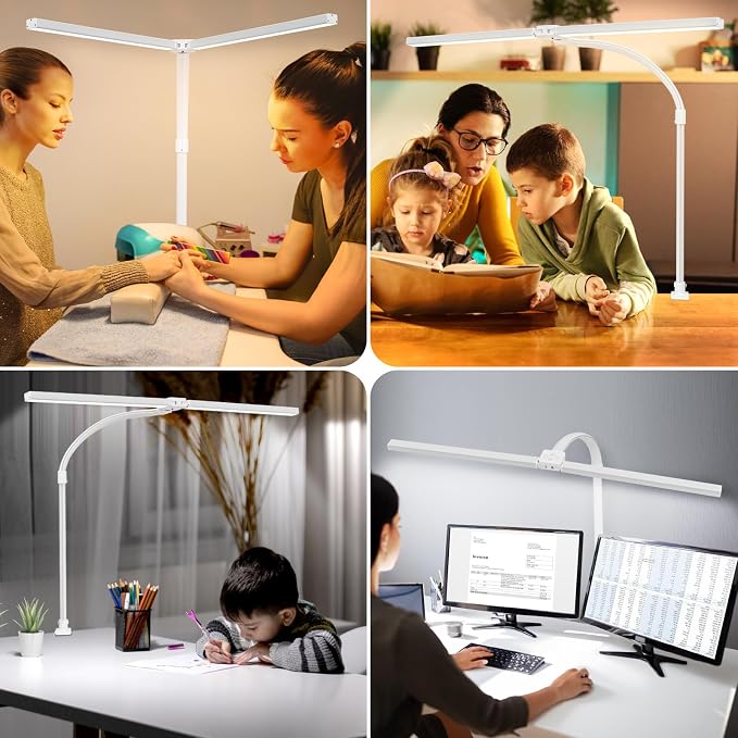 LED Desk Lamp with Clamp, Dual Head Monitor Light, Remote | 24W Dimmable Eye-Caring Task Lamp with Timer, Anti-Glare Cover and Gooseneck for Home Office Dorm, Workbench and Study