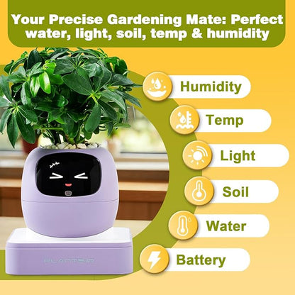 Smart Plant Pot with Visual Display – Soil Moisture, Water Level, Light & Battery Monitor, 80ml Self-Watering Reservoir, Supports 50+ Plants, Pomodoro Timer, Clock & Calendar (Purple)