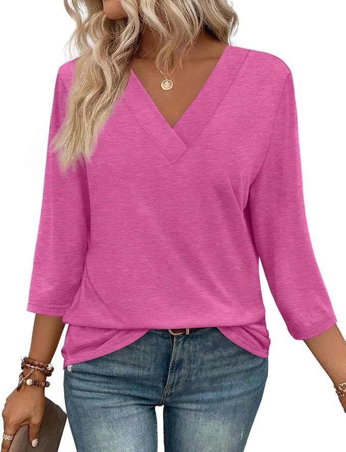WIHOLL Womens Tops 3/4 Length Sleeve V Neck Casual Tunic Tops Basic Shirts Loose Fit Blouse