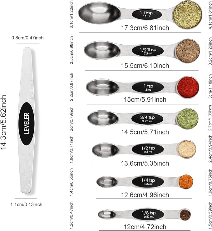 Magnetic Measuring Spoons Set with Leveler, Stackable Stainless Steel Tablespoons for Baking, Fits in Spice Jars